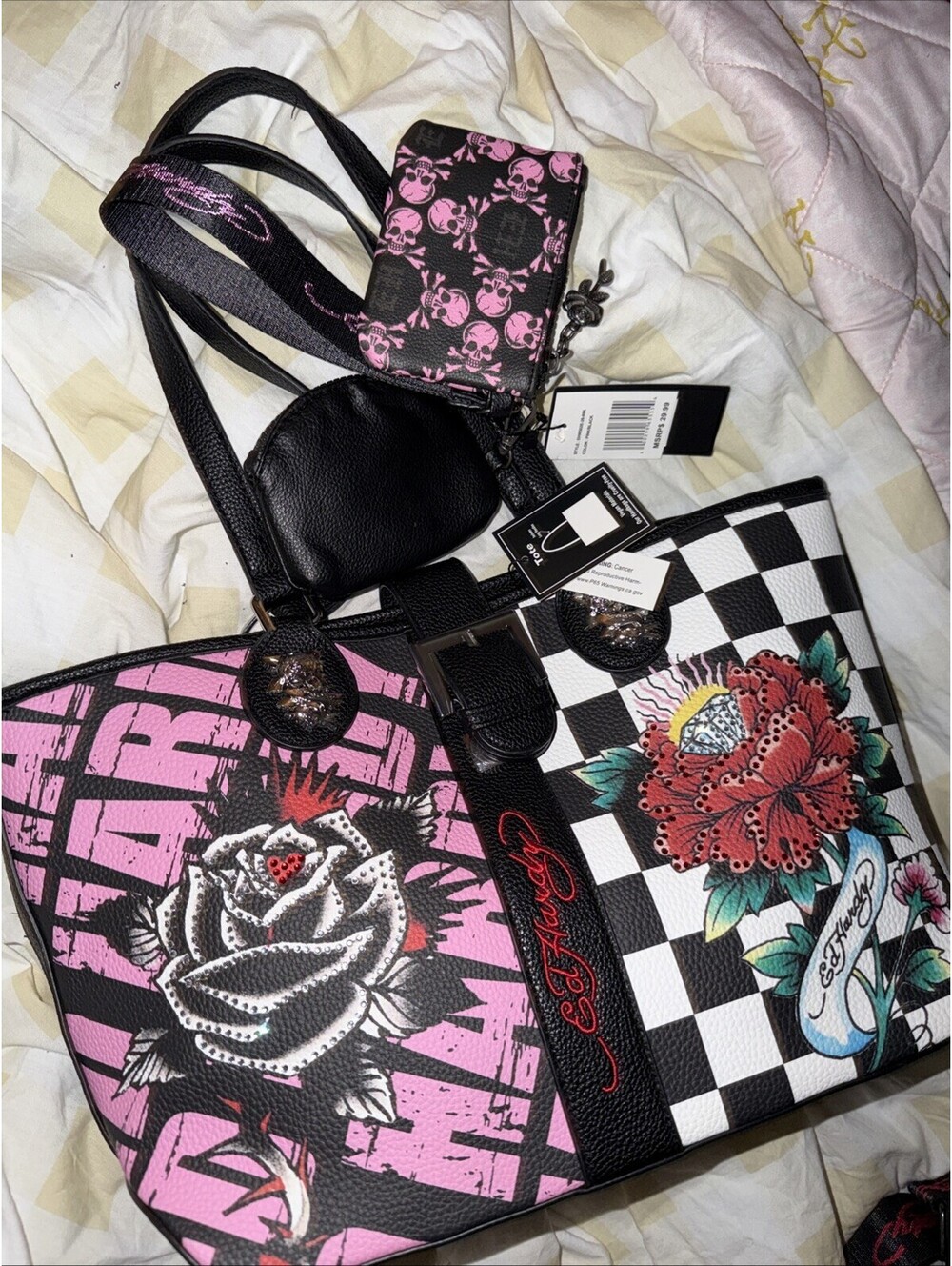 NWT ED Hardy Tote  Tiger Rhinestone Rose Floral  Shoulder Bag & Coin Purses